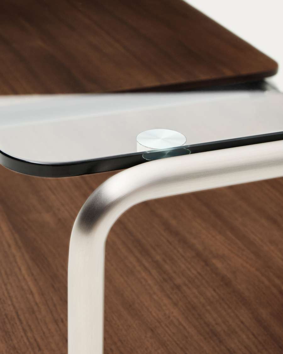 Tavolino Tarsel in vetro temperato e vassoio impiallacciato in noce con struttura in acciaio inox spazzolato 140 x 60 cm