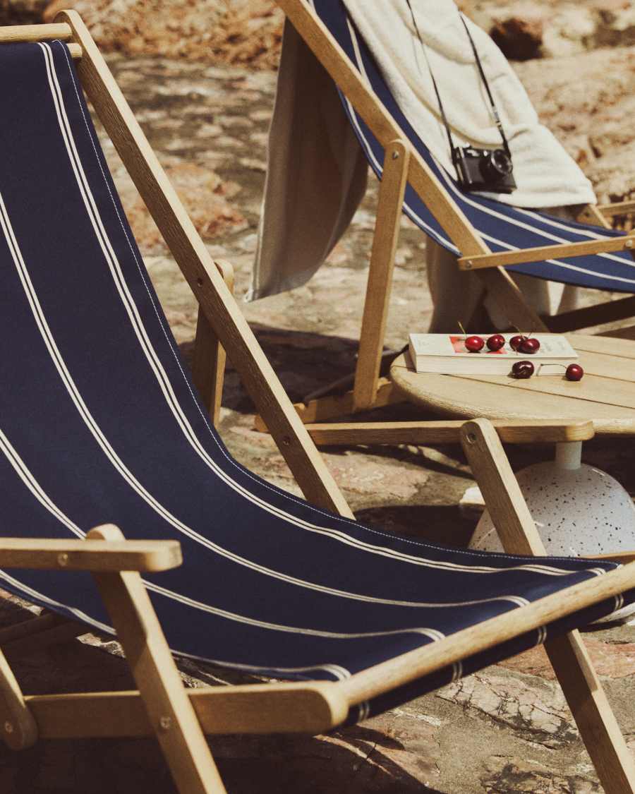 Vilara blue and beige striped outdoor folding deck chair made of FSC 100% solid acacia wood