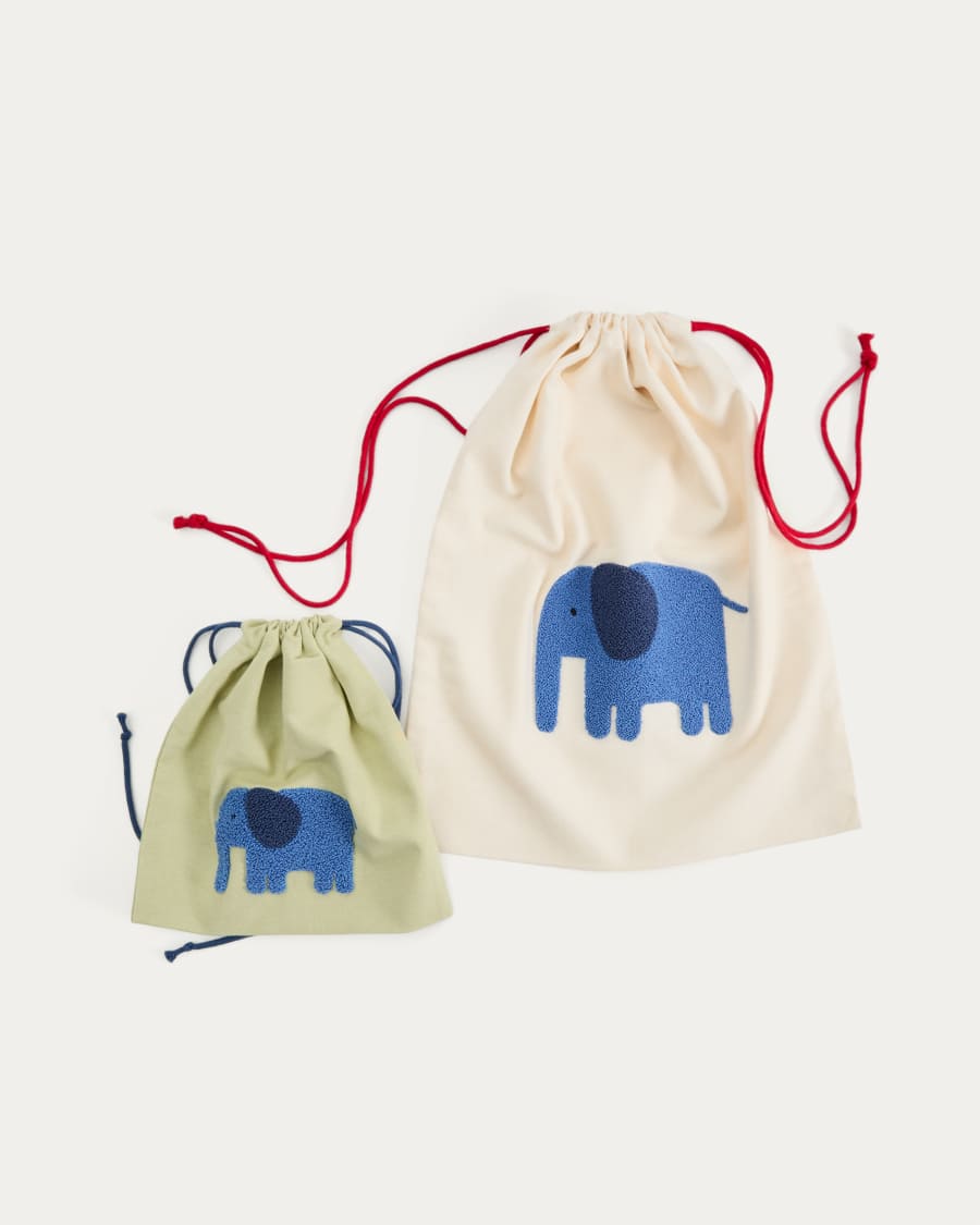 Tandani set of 2 beige and green cotton bags with embroidered blue elephant