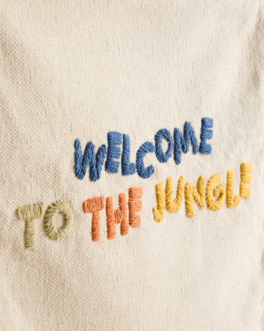 Tandani beige cotton wall tapestry with multicoloured letters and fringing 40 x 50cm