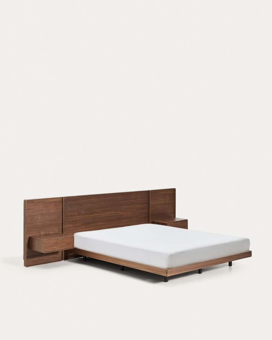 Norlen bed with 2 bedside tables in walnut veneer with dark finish and LED light for 160 x 200cm mattress FSC Mix Credit