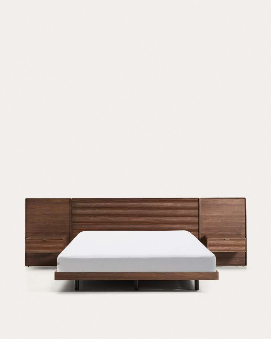 Norlen bed with 2 bedside tables in walnut veneer with dark finish and LED light for 160 x 200cm mattress FSC Mix Credit