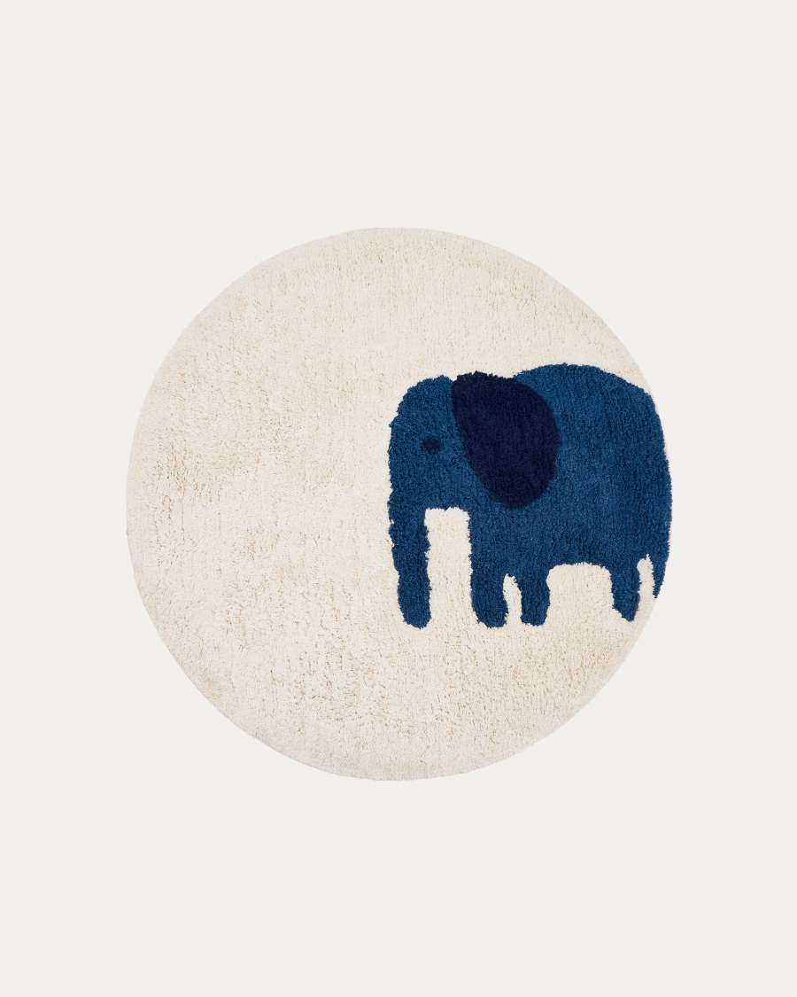 Tandani beige cotton round rug with blue elephant Ø 100cm