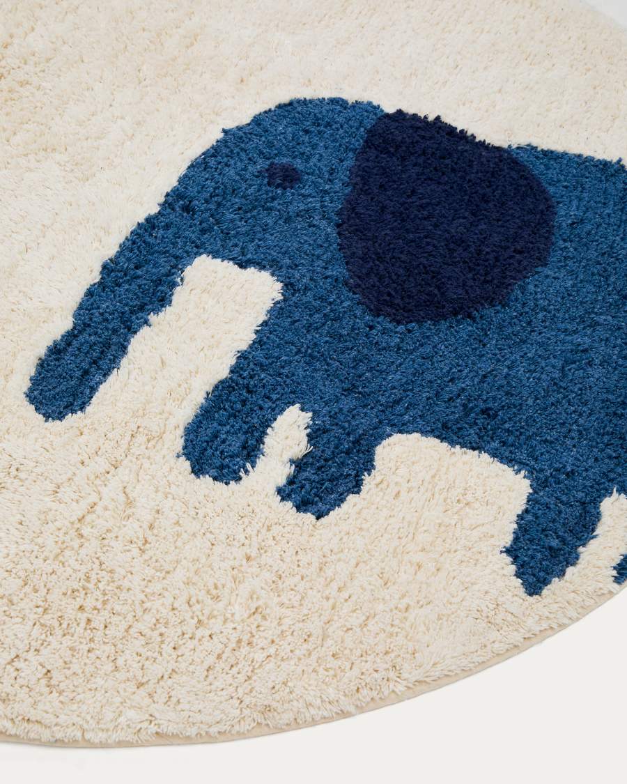 Tandani beige cotton round rug with blue elephant Ø 100cm