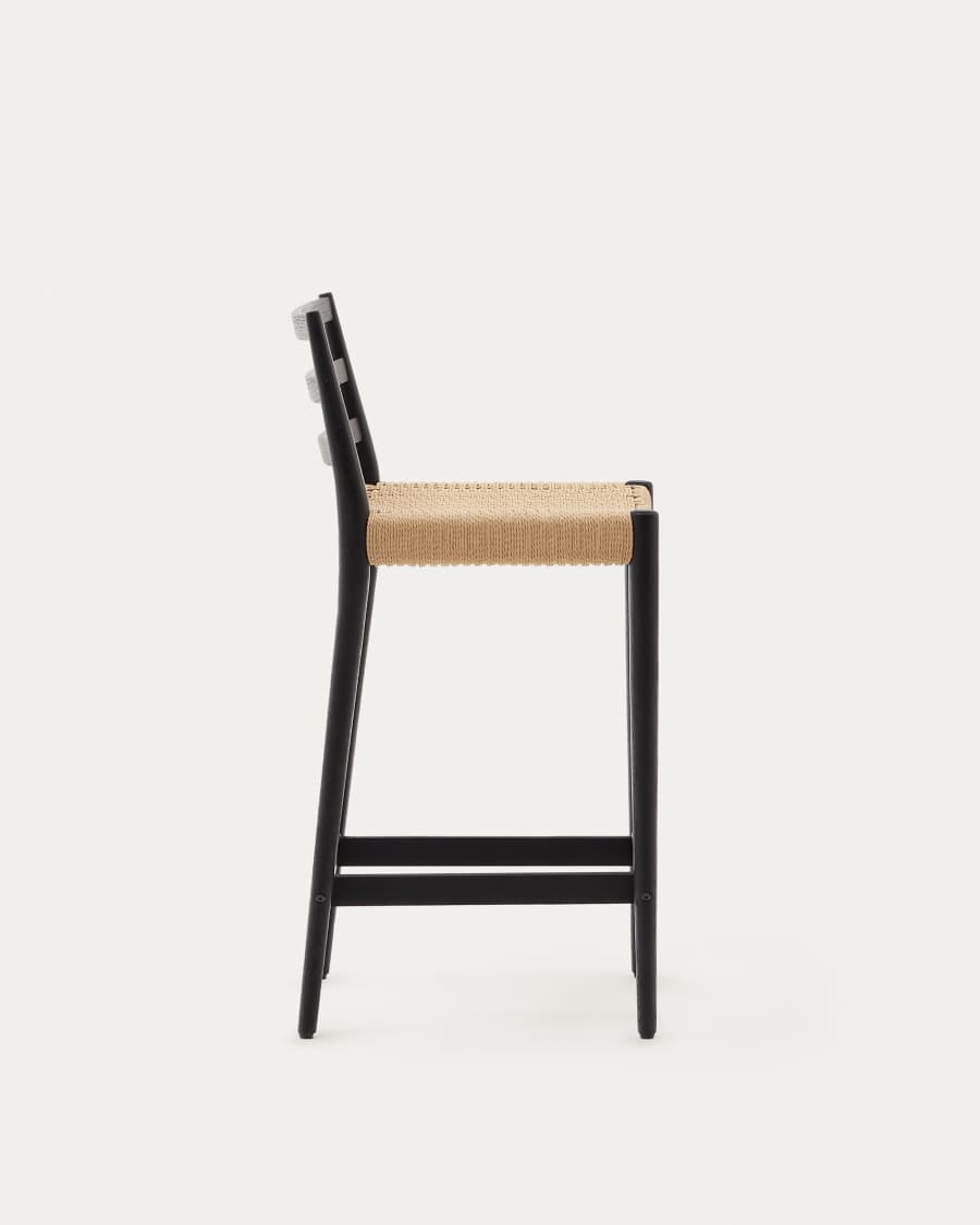 Analy stool with a backrest in solid oak wood in a black finish and rope cord seat, 70 cm, FSC 100%