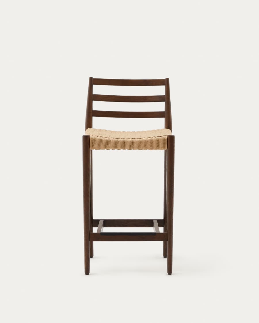 Sgabello Analy con schienale in legno massello di rovere con finitura in noce e seduta in corda da 70 cm FSC 100%