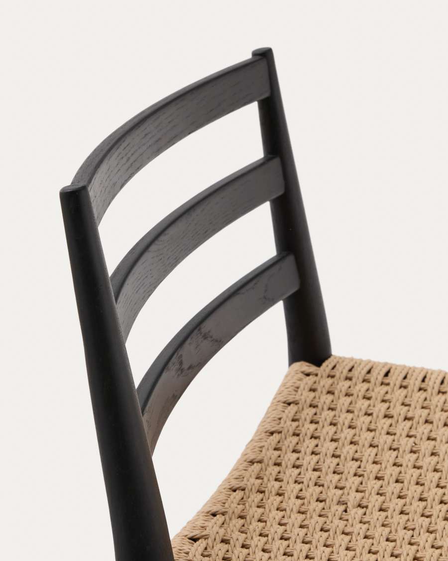 Analy stool with a backrest in solid oak wood in a black finish and rope cord seat, 70 cm, FSC 100%