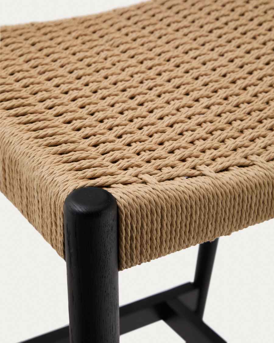 Analy stool with a backrest in solid oak wood in a black finish and rope cord seat, 70 cm, FSC 100%