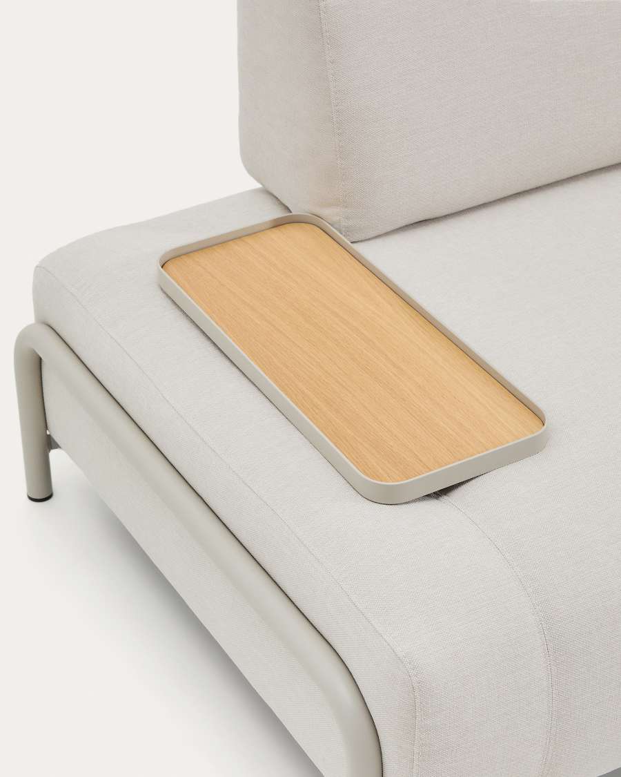 2-Sitzer-Sofa Compo aus Chenille in Ecru, kleines Tablett mit Eichenfurnier und beiges Metallgestell 200 cm FSC Mix Credit