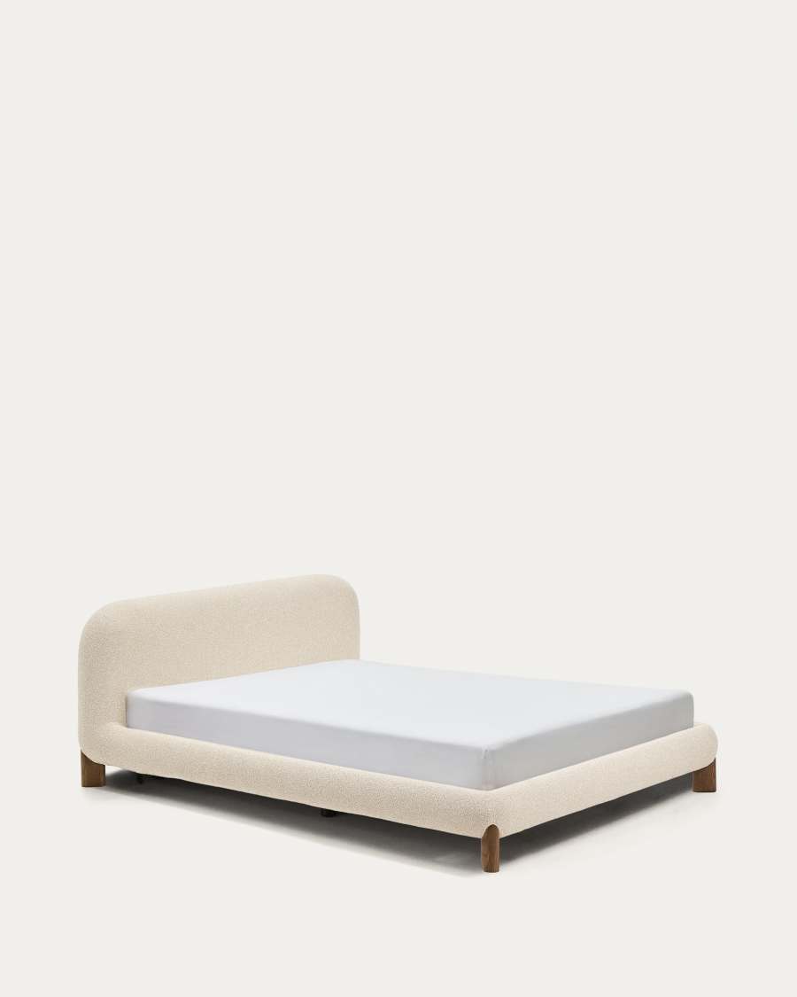 Odina ecru bouclé bed with removable cover and solid ash wood legs with walnut finish for 160 x 200cm mattress