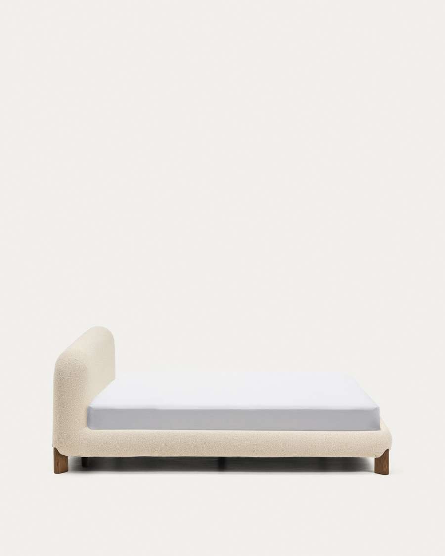 Odina ecru bouclé bed with removable cover and solid ash wood legs with walnut finish for 160 x 200cm mattress