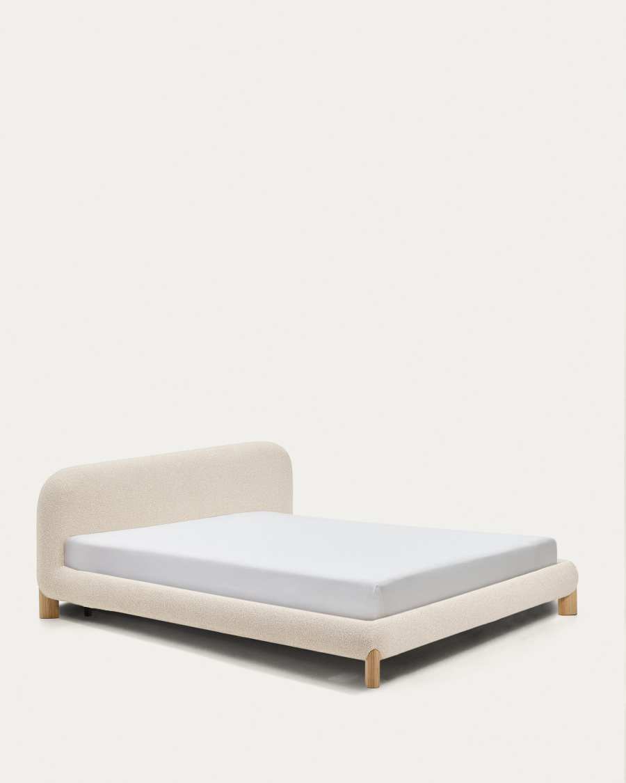 Odina ecru bouclé bed with removable cover and solid ash wood legs with natural finish for 180 x 200cm mattress