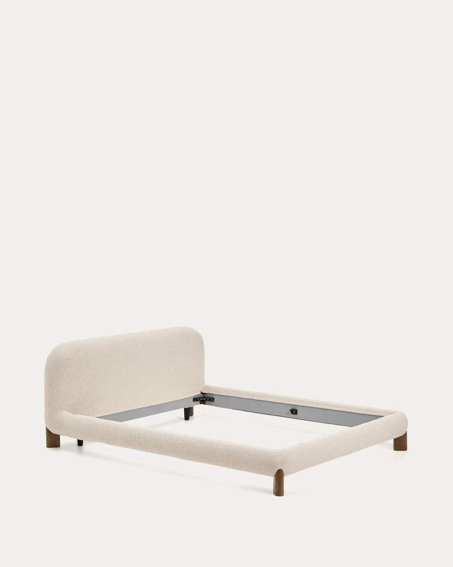 Odina ecru bouclé bed with removable cover and solid ash wood legs with walnut finish for 160 x 200cm mattress