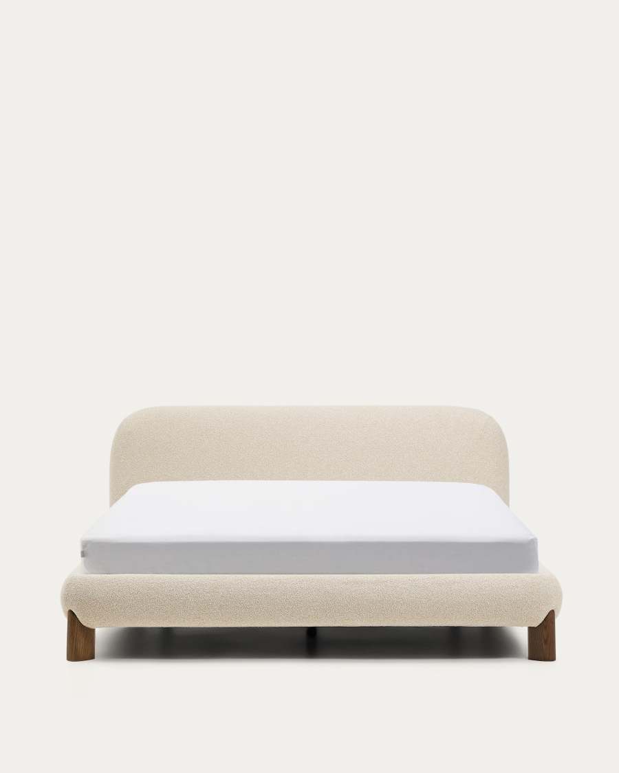 Odina ecru bouclé bed with removable cover and solid ash wood legs with walnut finish for 160 x 200cm mattress