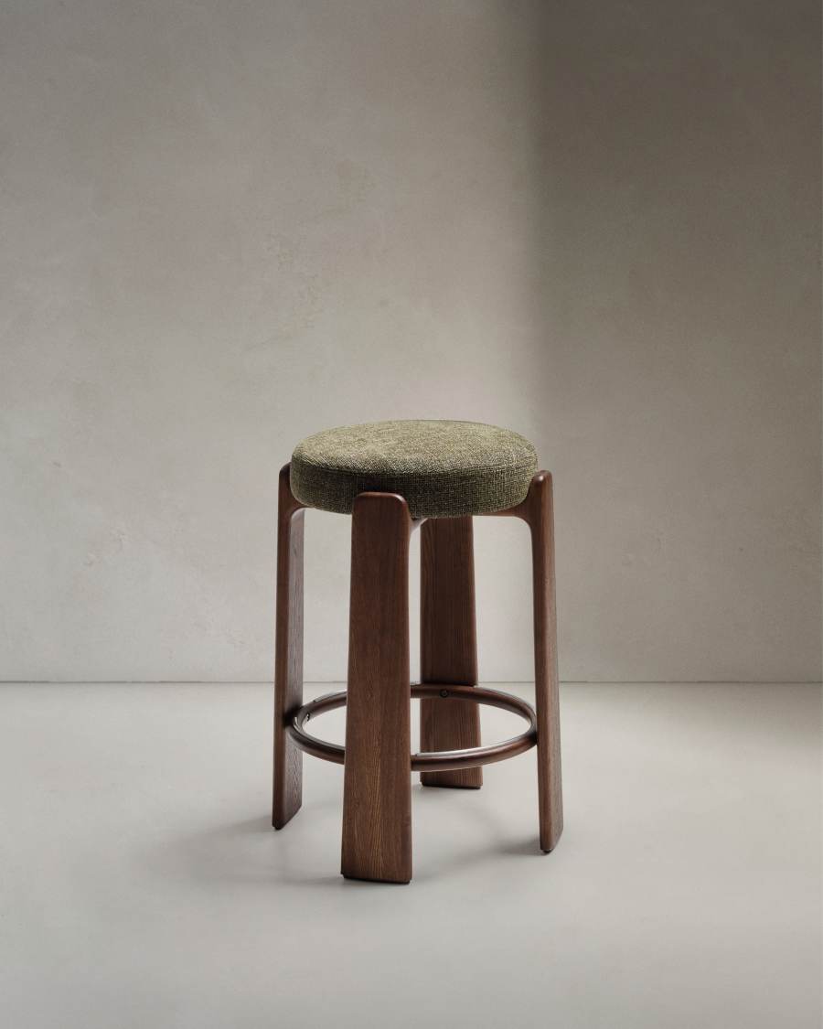 Granite fire-retardant stool in green chenille and solid ash wood with walnut-coloured finish FSC 100% 75cm