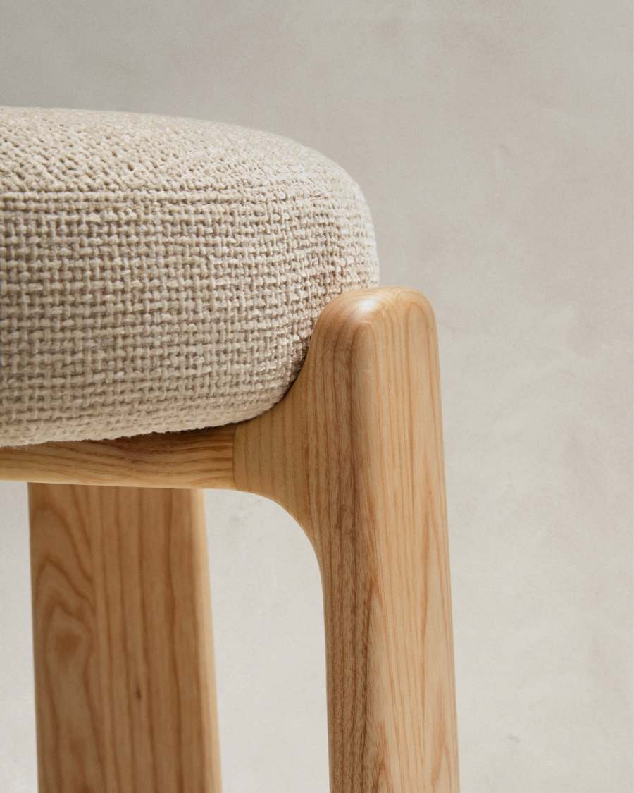 Granite fire-retardant stool in beige chenille and solid ash wood with natural-coloured finish FSC 100% 75cm