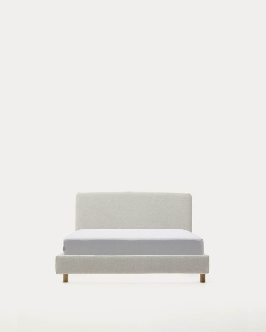 Pearl chenille Valma bed with removable cover and solid beech wood legs for a 90 x 200 cm mattress