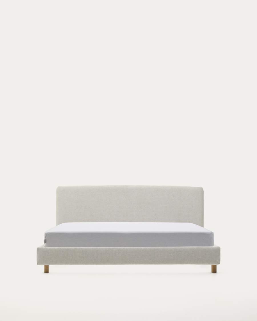 Pearl chenille Valma bed with removable cover and solid beech wood legs for a 160 x 200 cm mattress
