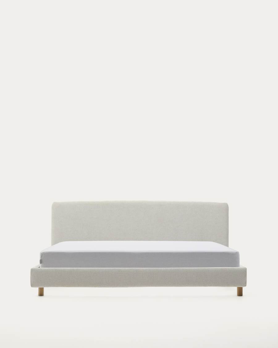 Pearl chenille Valma bed with removable cover and solid beech wood legs for a 180 x 200 cm mattress