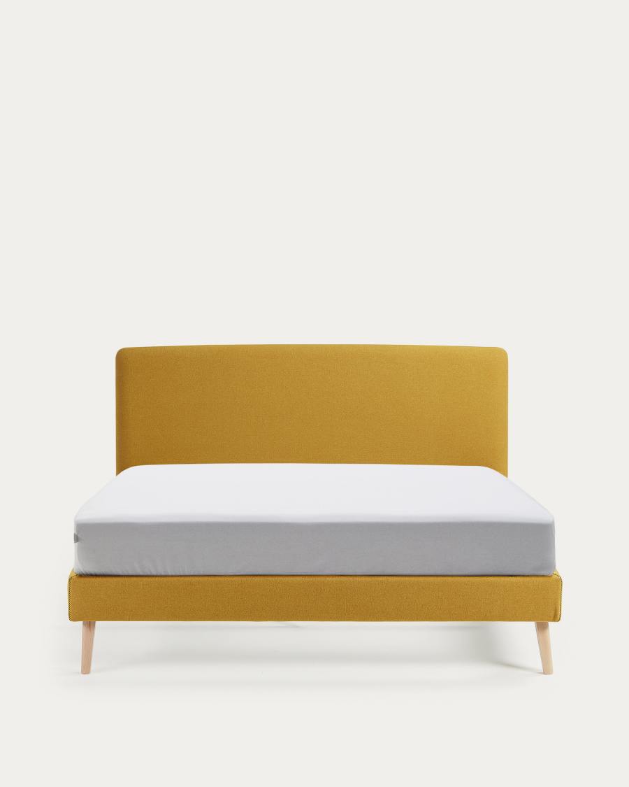 Dyla bed with removable cover in mustard, with solid beech wood legs for a 160 x 200 cm mattress