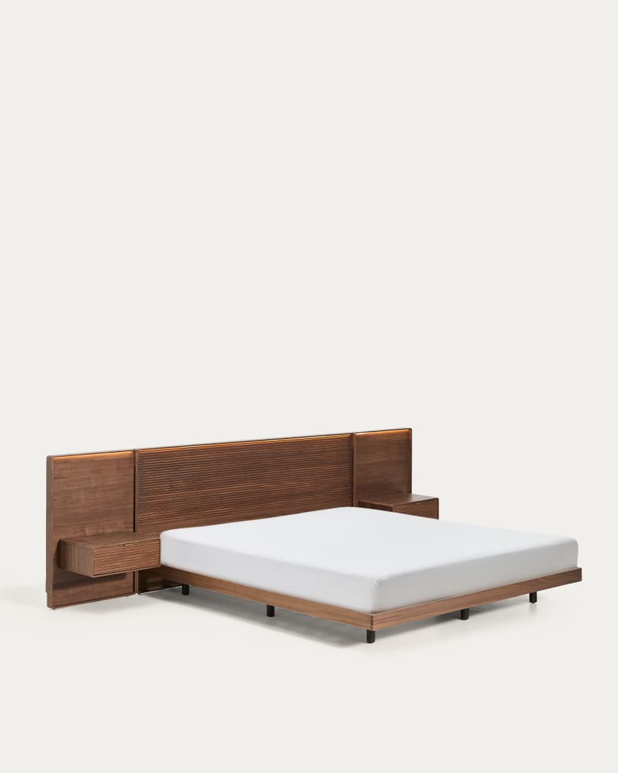 Norlen bed with 2 bedside tables in walnut veneer with dark finish and LED light for 180 x 200 cm mattress FSC Mix Credit UK adapter