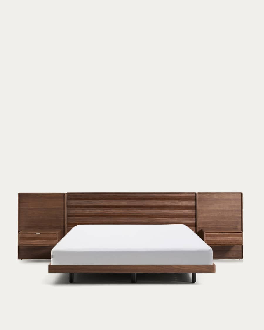Norlen bed with 2 bedside tables in walnut veneer with dark finish and LED light for 180 x 200 cm mattress FSC Mix Credit UK adapter