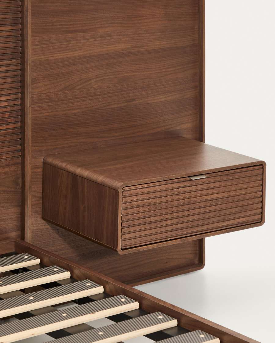 Norlen bed with 2 bedside tables in walnut veneer with dark finish and LED light for 180 x 200 cm mattress FSC Mix Credit UK adapter