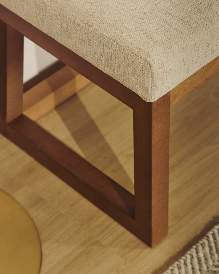 Loya bench in beige chenille and beech wood with walnut-coloured finish 128cm