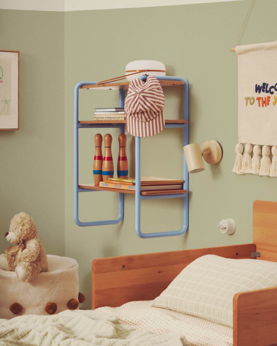 Tinn ash veneer shelf with a blue metal structure, 70 x 60 cm