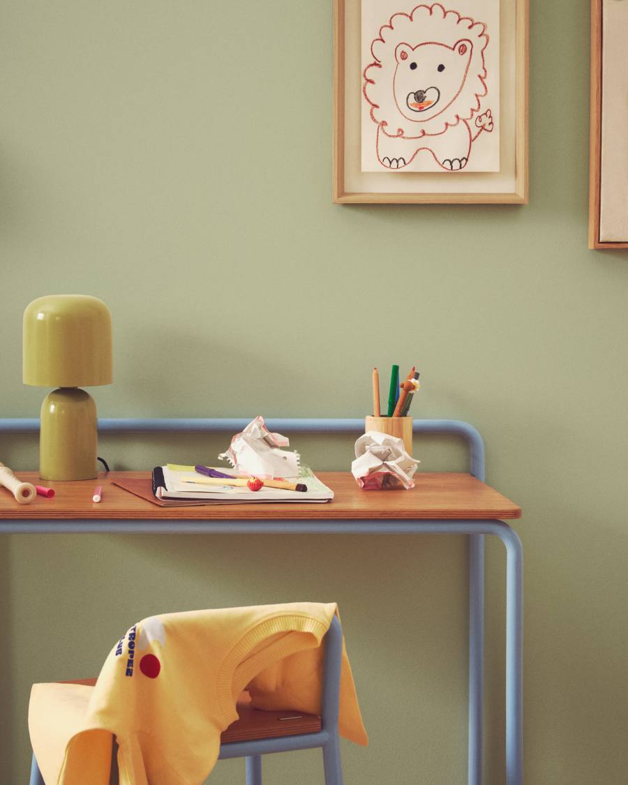 Tinn ash veneer desk with a blue metal structure, 82 x 45 cm