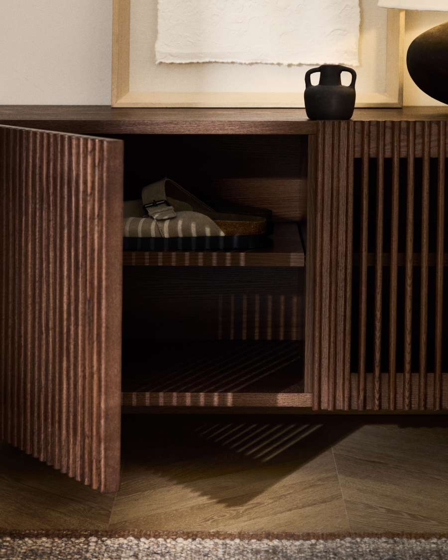 Beyla shoe cabinet with 2 doors in ash veneer and solid ash wood with walnut-tone finish 98.5 cm FSC 100%