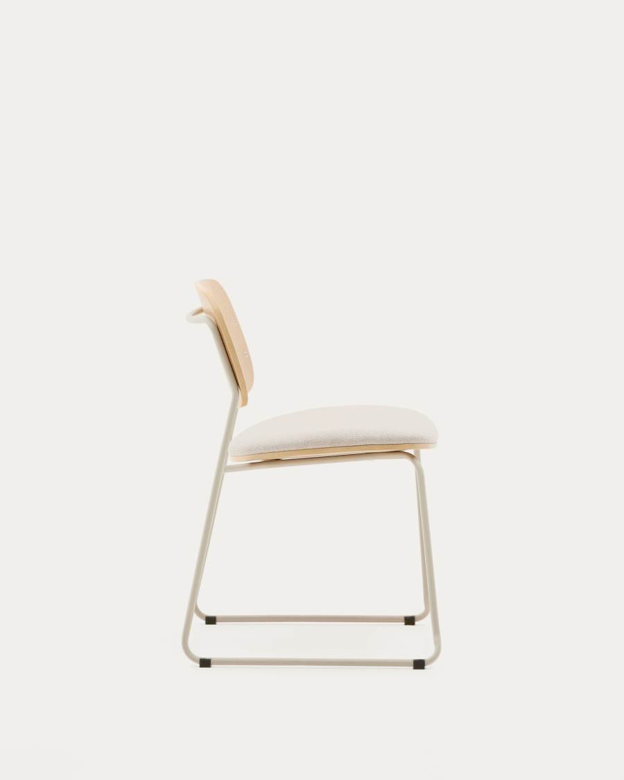 Meli stackable chair in poplar plywood with beige chenille seat and beige metal legs FSC Mix Credit