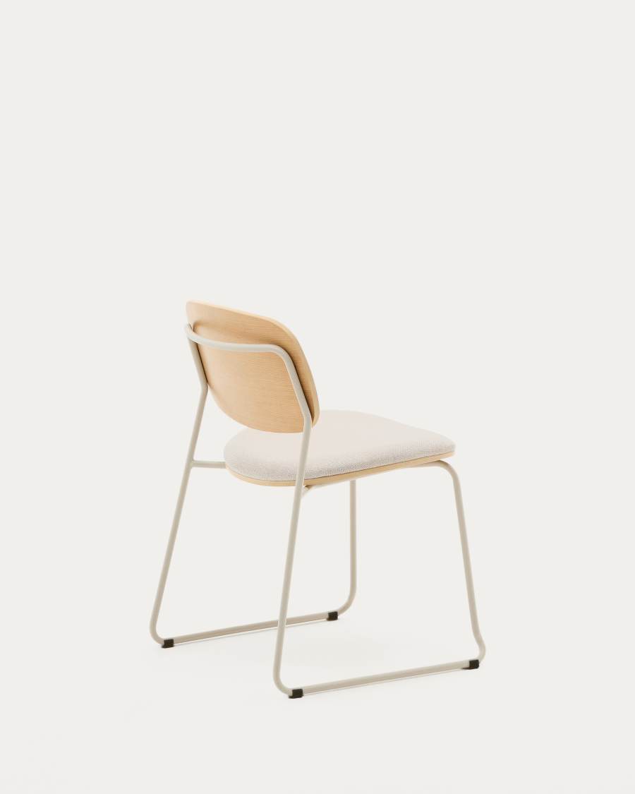 Meli stackable chair in poplar plywood with beige chenille seat and beige metal legs FSC Mix Credit