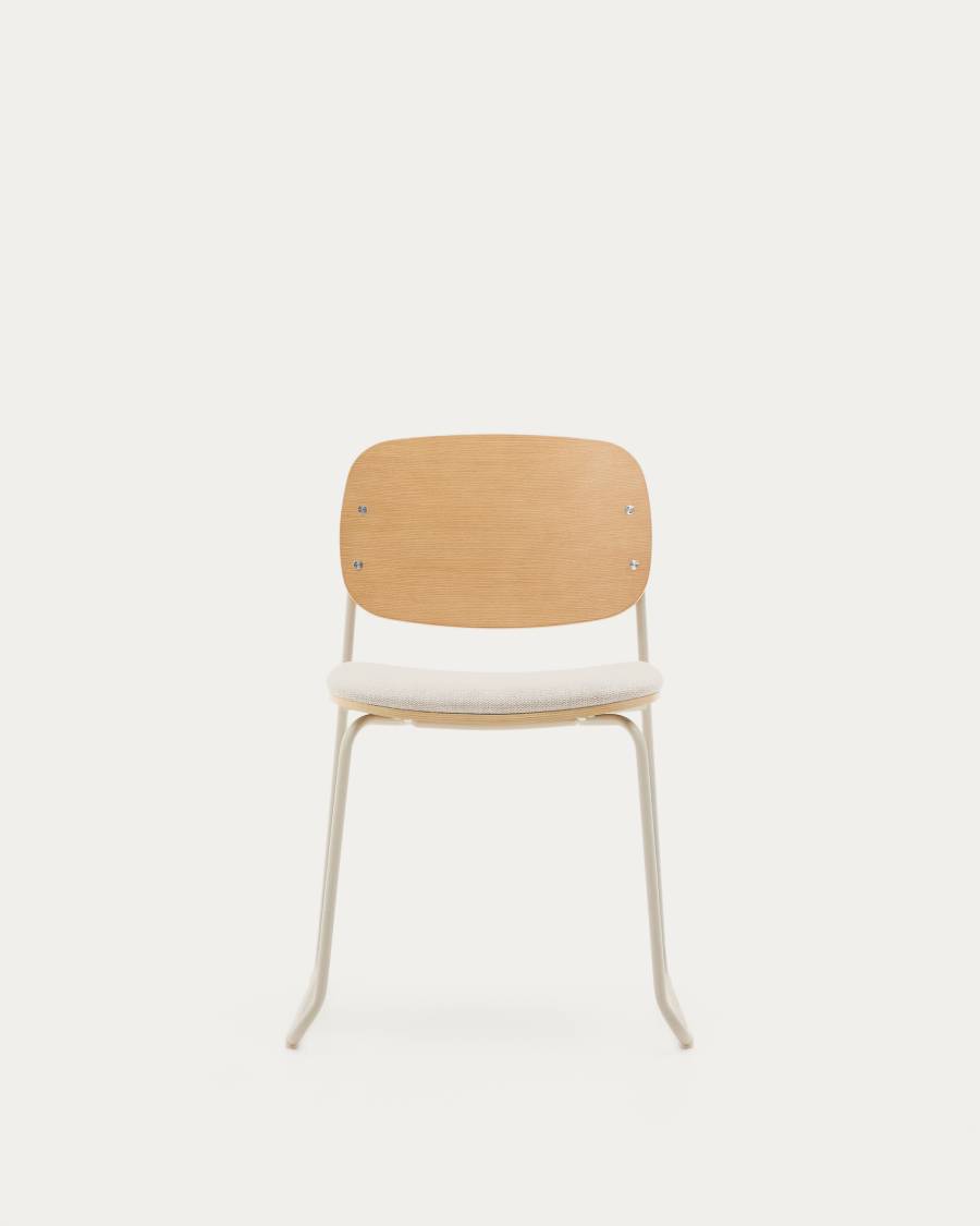 Meli stackable chair in poplar plywood with beige chenille seat and beige metal legs FSC Mix Credit