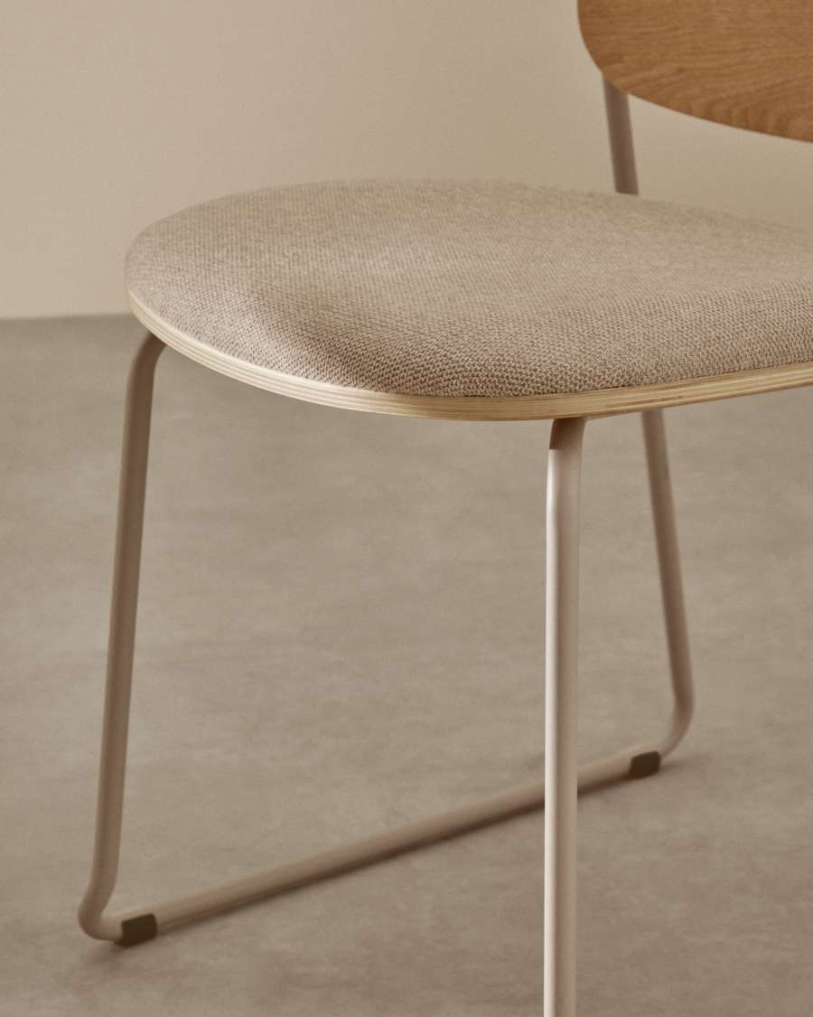 Meli stackable chair in poplar plywood with beige chenille seat and beige metal legs FSC Mix Credit
