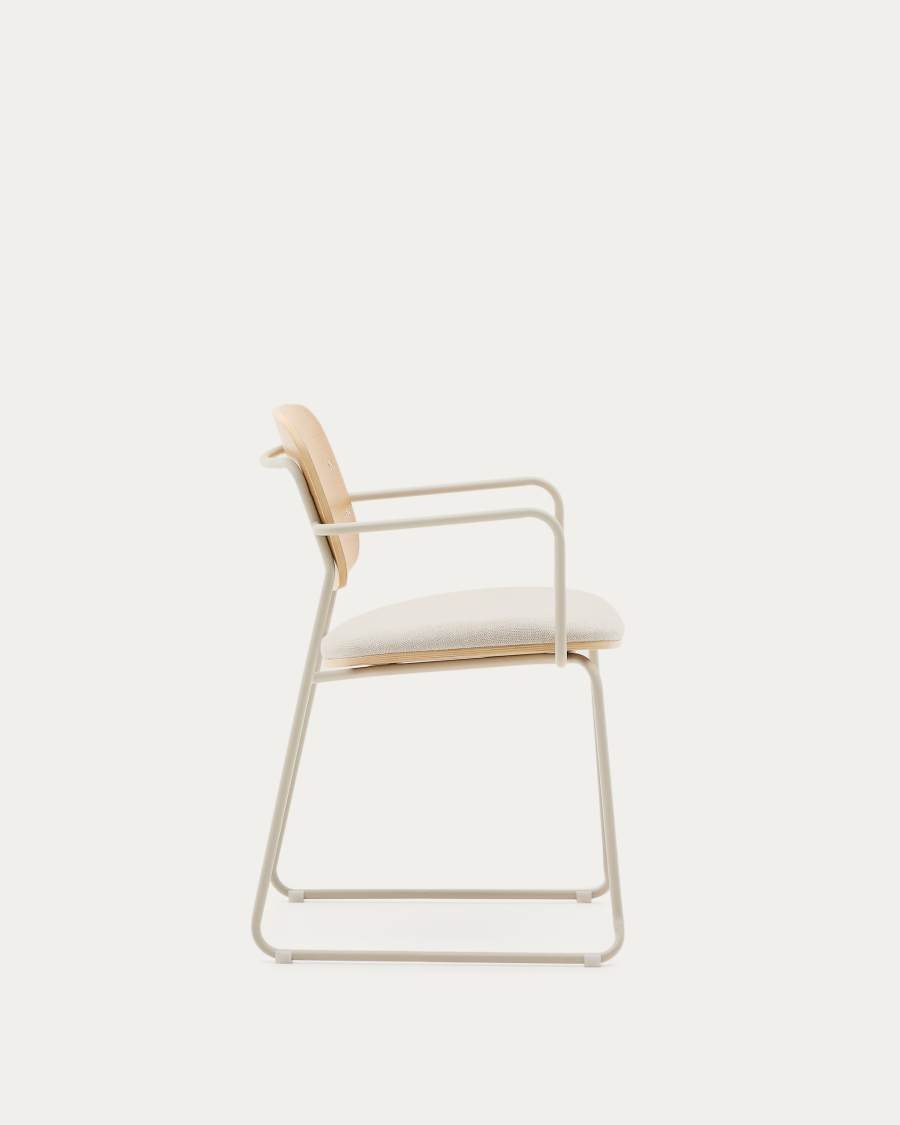 Meli chair in ash veneer with beige chenille seat and beige metal structure FSC Mix Credit