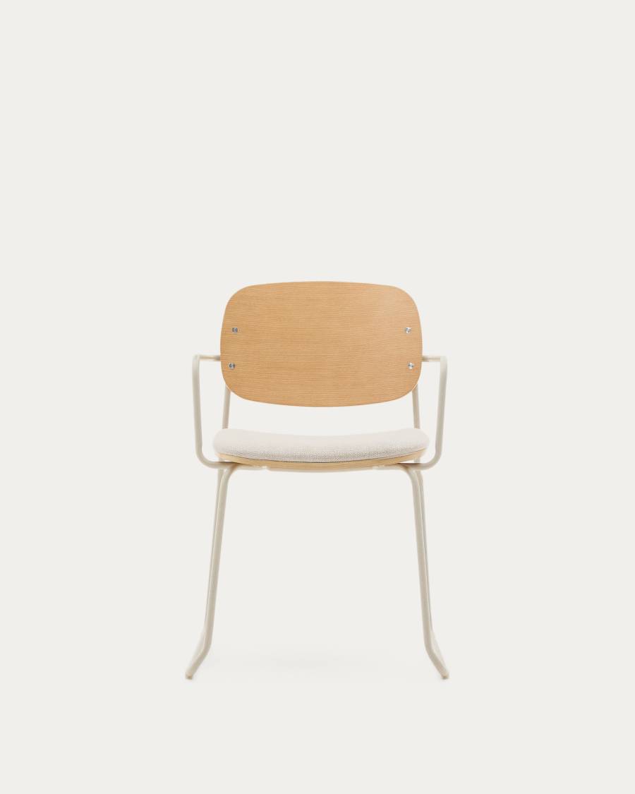 Meli chair in ash veneer with beige chenille seat and beige metal structure FSC Mix Credit