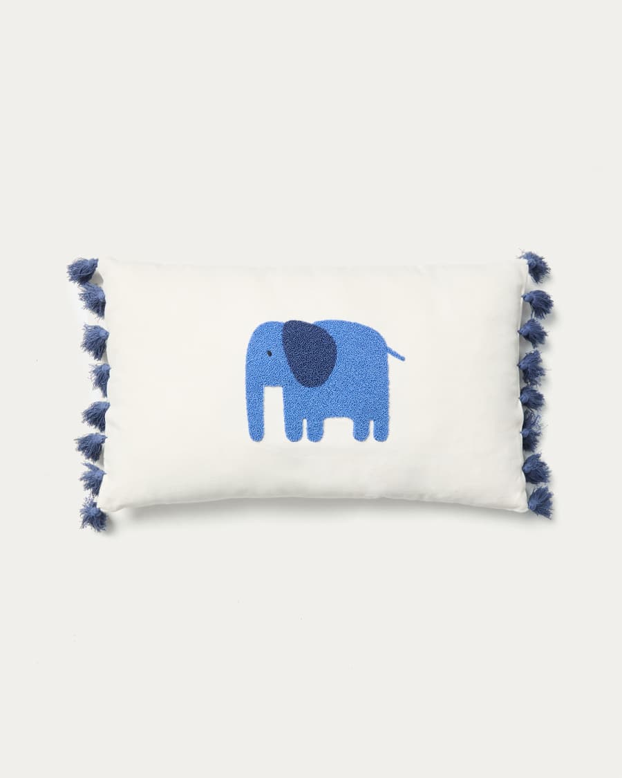 Tandani beige cotton cushion cover with embroidered blue elephant 30 x 50cm