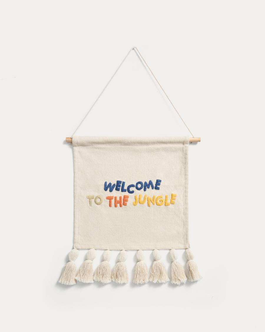 Tandani beige cotton wall tapestry with multicoloured letters and fringing 40 x 50cm