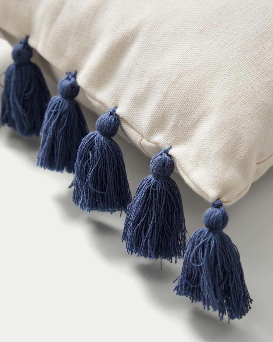 Tandani beige cotton cushion cover with embroidered blue elephant 30 x 50cm