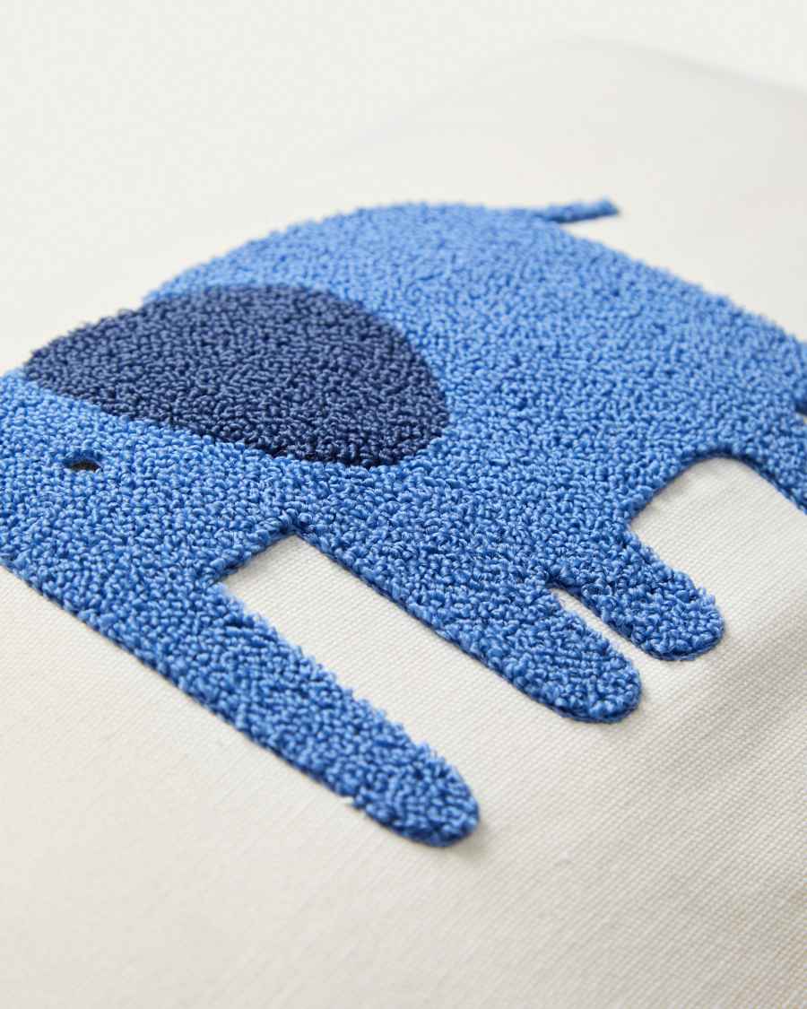 Tandani beige cotton cushion cover with embroidered blue elephant 30 x 50cm