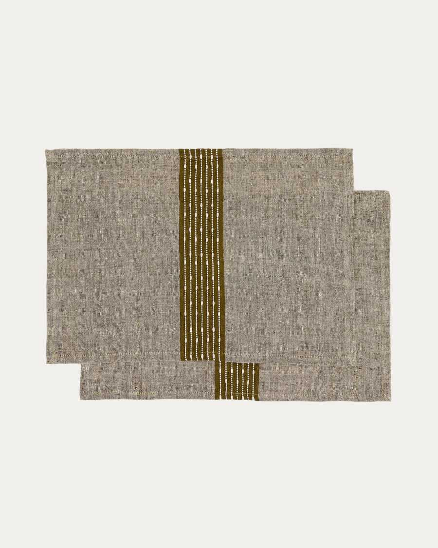 Set Calena de 2 manteles individuales 100% lino jacquard con raya central verde 35 x 50 cm