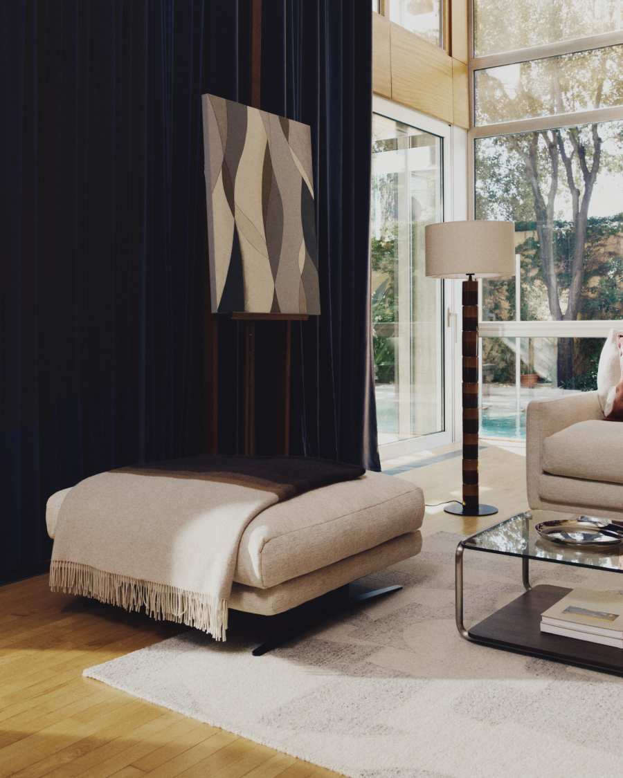 Veliro beige chenille footrest with black steel legs 85 x 90cm FSC Mix Credit