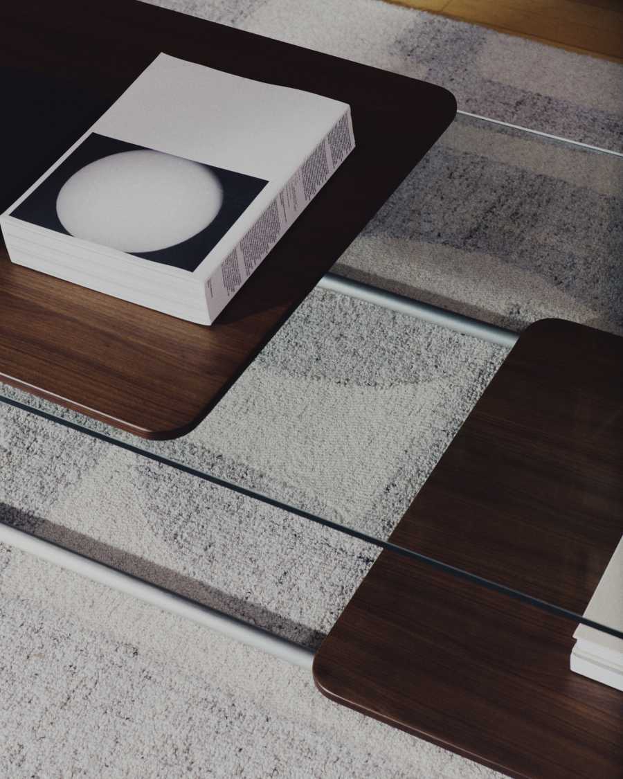 Tavolino Tarsel in vetro temperato e vassoio impiallacciato in noce con struttura in acciaio inox spazzolato 140 x 60 cm