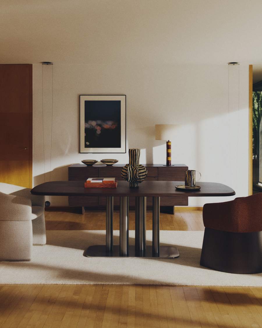 Llum de taula Mavran amb peu de ceràmica marró i mostassa i pantalla de cotó