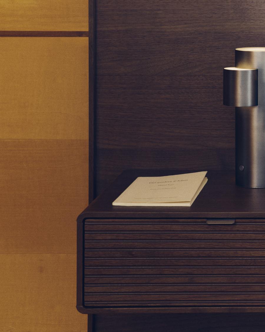 Norlen bed with 2 bedside tables in walnut veneer with dark finish and LED light for 160 x 200cm mattress FSC Mix Credit