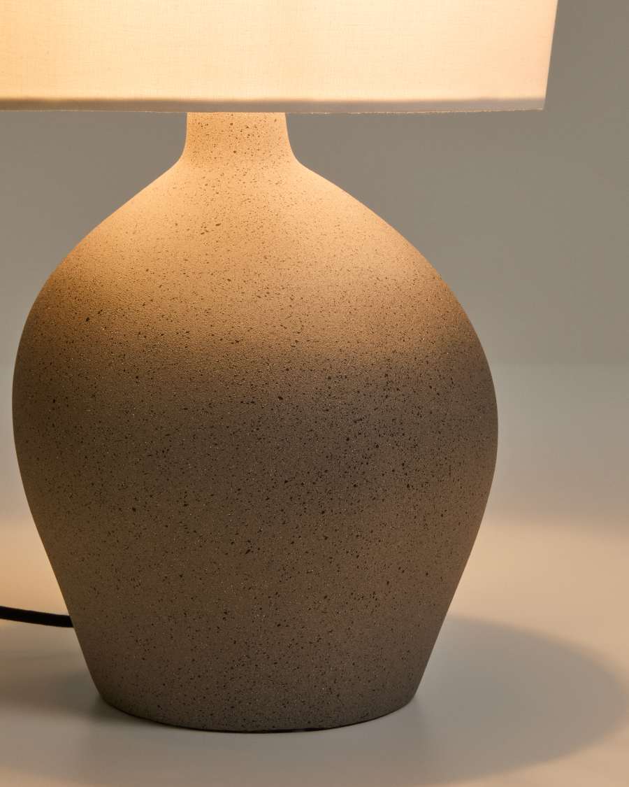 Viona large table lamp with textured stone effect and cotton lampshade UK adapter