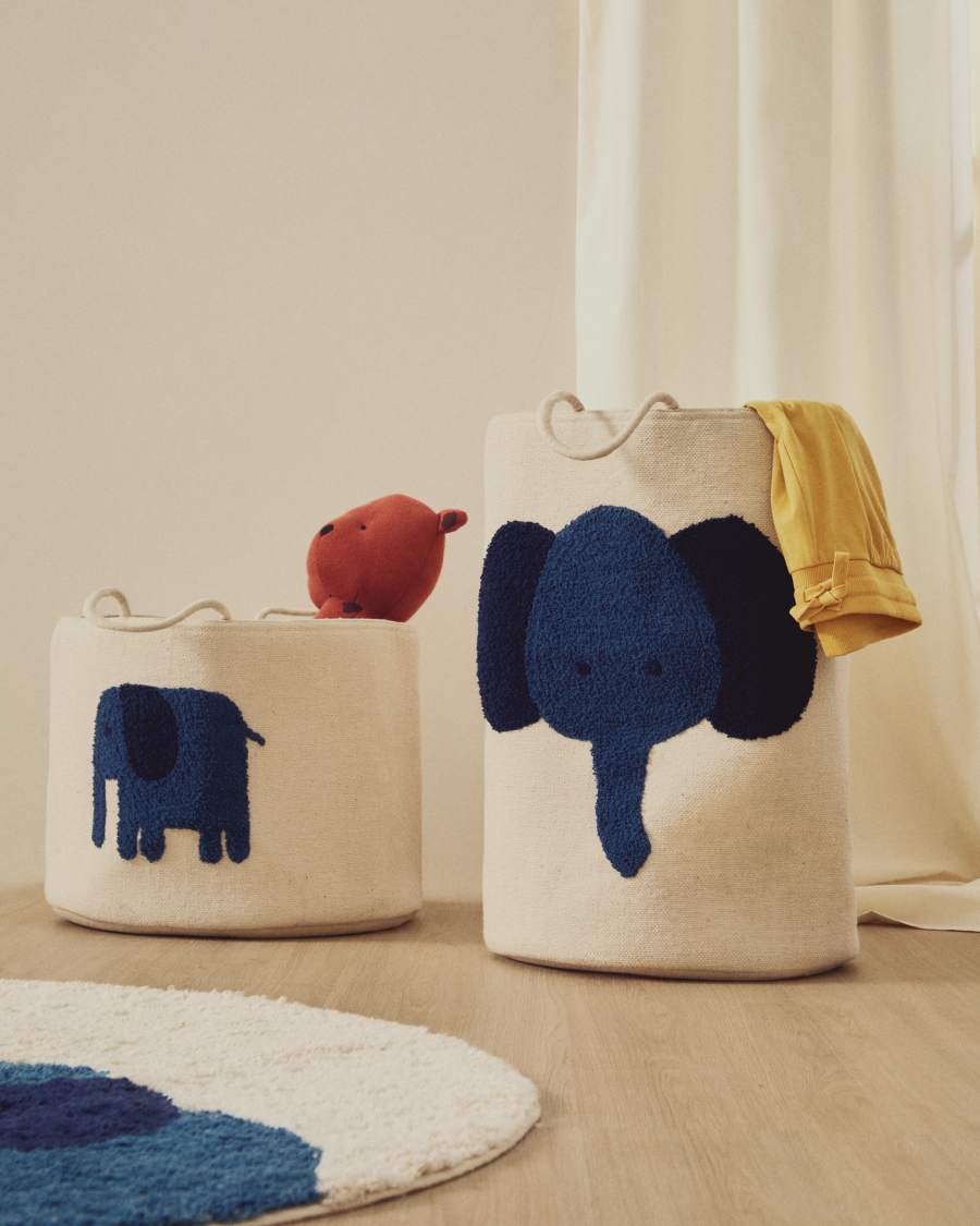 Tandani beige cotton basket with blue elephant 50cm