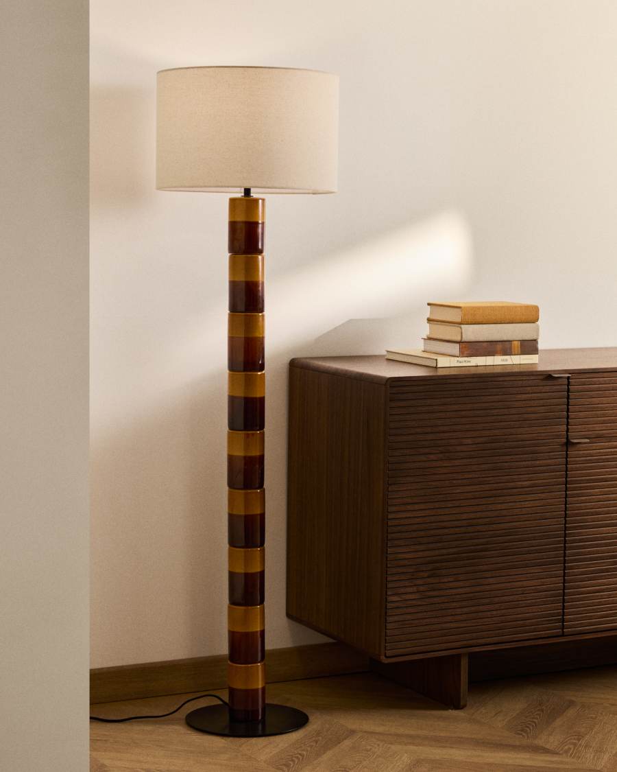 Mavran floor lamp with brown and mustard ceramic base and cotton lampshade