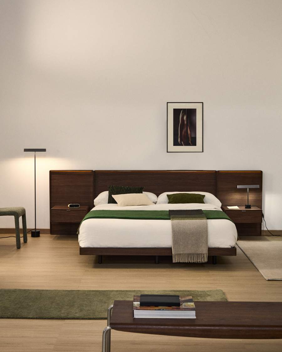 Norlen bed with 2 bedside tables in walnut veneer with dark finish and LED light for 180 x 200 cm mattress FSC Mix Credit UK adapter